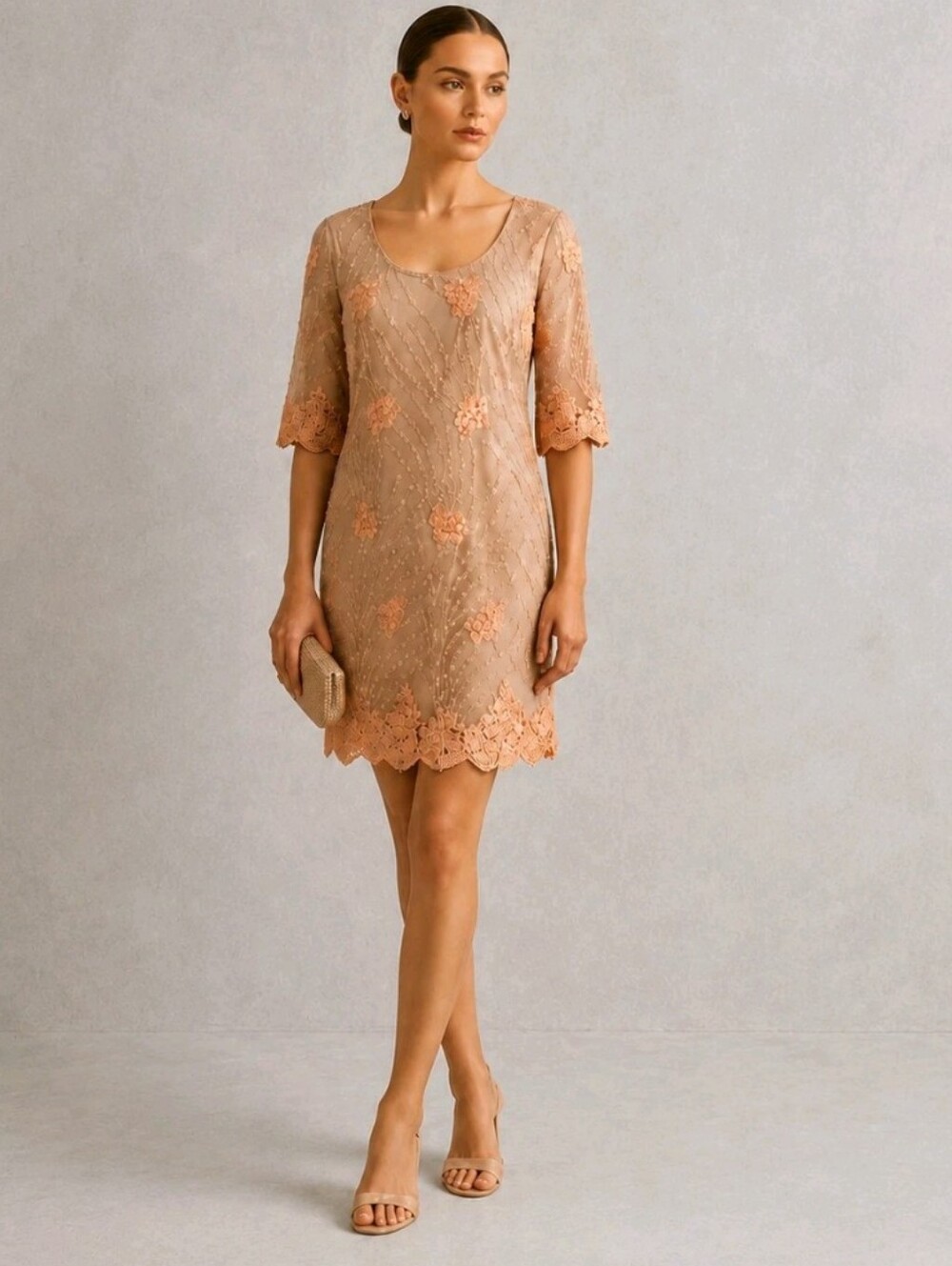 Belle Badgley Mischka Beige Gold Dress Size 10 Embroidered Floral Mesh Evening